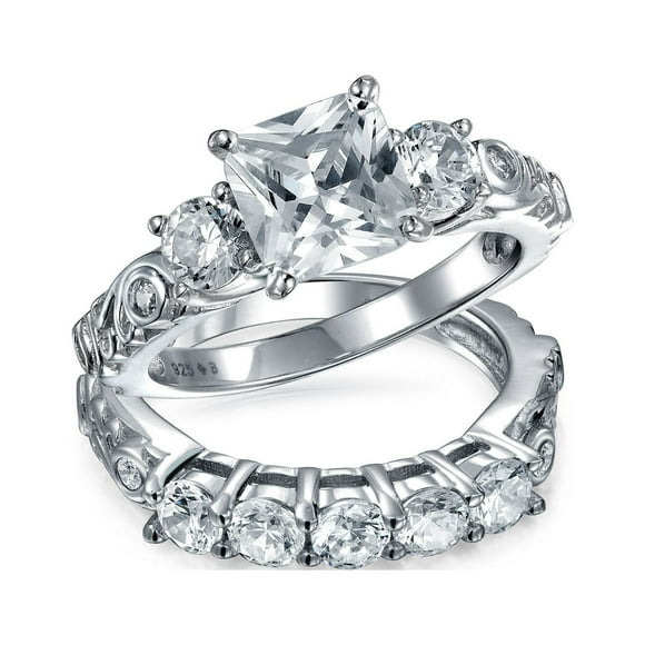 Art Deco StyleCubic Zirconia 3CT Brilliant Square Prince Cut Solitaire Three Stone Past Present Future Side Stones CZ Anniversary Engagement Ring Set Band for Women .925 Sterling Silver