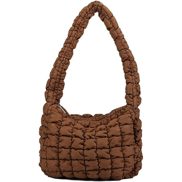 Laibmfc Puffer Shoulder Bag For Women Quilted Puffy Lightweight Nylon Handbag Large Padded Soft Purse Brown