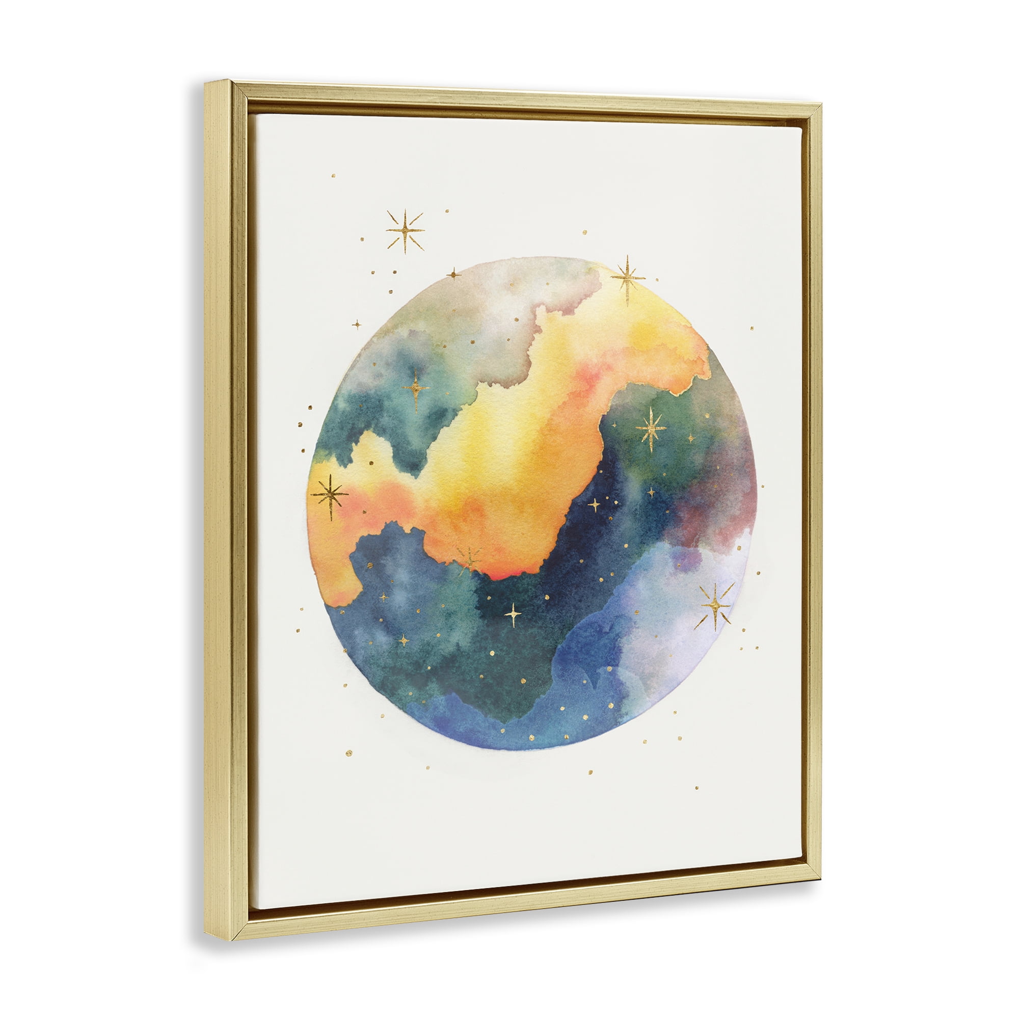 Stupell Industries Nebula & Stars Watercolor STEM Painting Gold Floater Framed Canvas Art Print Wall Art, 17 x 21