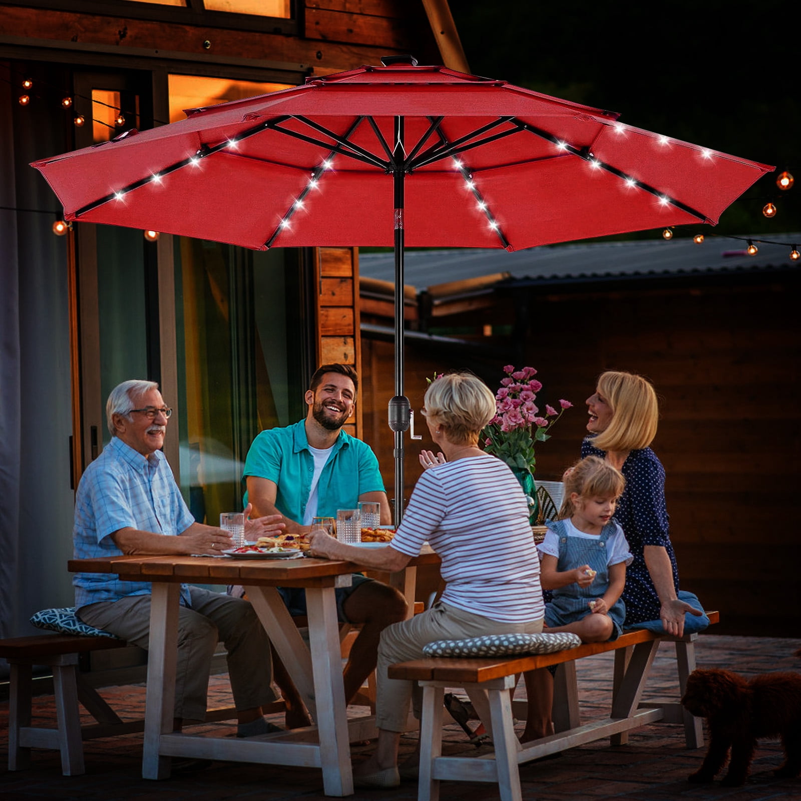 9.2 ft Outdoor Patio Umbrella with Crank and Push-Button Tilt, Market Umbrella with 8 Sturdy Ribs for Deck, Pool, Porch, Garden, Red