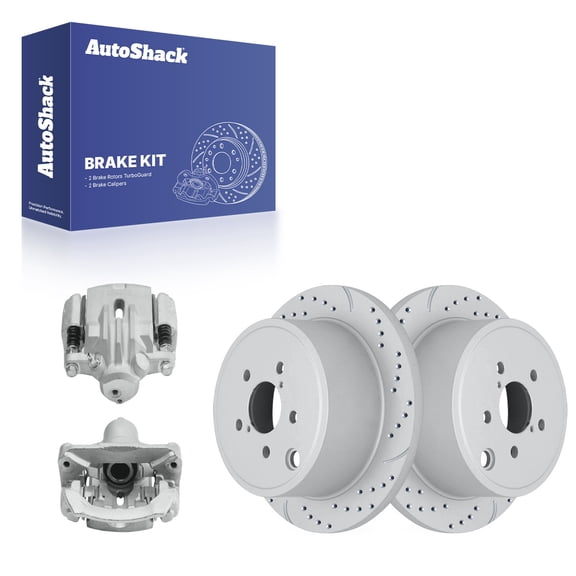 AutoShack Rear Solid Drilled & Slotted Coated Brake Rotors Silver Matte Finish   Calipers 4-PC Brake Kit Replacement for 2010-2014 Subaru Outback 2010-2014 Subaru Legacy TurboGuard 11.25" (285.8 mm)