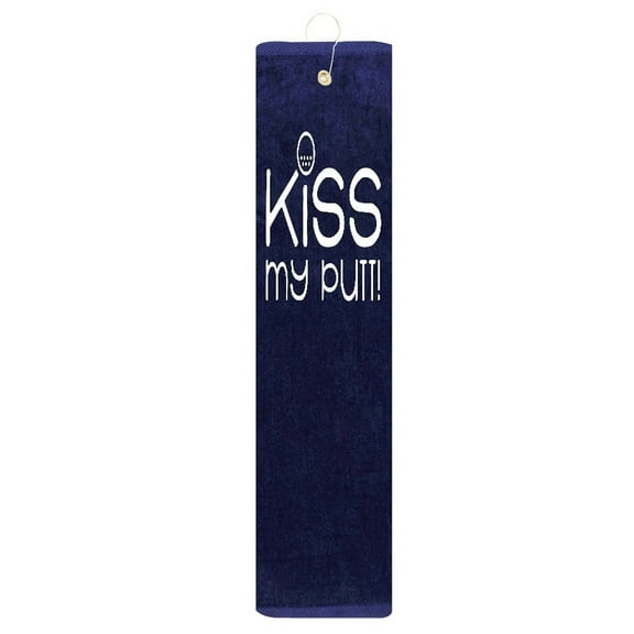 Kiss My Putt!! Navy Blue Tri-fold Golf Towel With Grommet & Hook Club Ball Tee Golfing Gift Birthday 15" x 18"