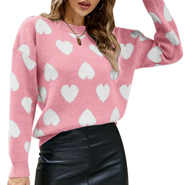 Cute Heart Knitted Sweater, Heart Print Pullover Sweater Skin Friendly  Stylish Comfortable Soft Long Sleeve For Women For Outdoor Pink XL 
