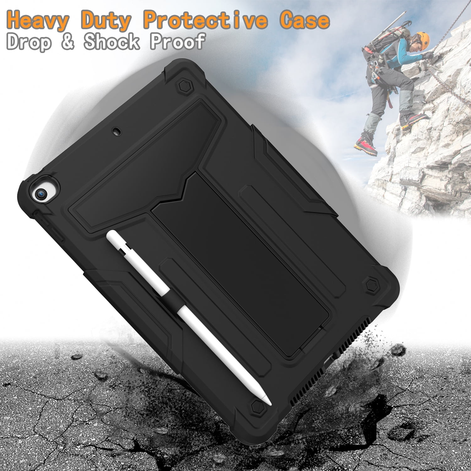 Allytech iPad 7th Generation Cases, iPad 10.2" 2019 Case Heavy Duty Hybrid PC + Silicone Drop Protection Rugged Case with Pencil Holder Built-in Kickstand for Apple iPad 10.2 inch, Black