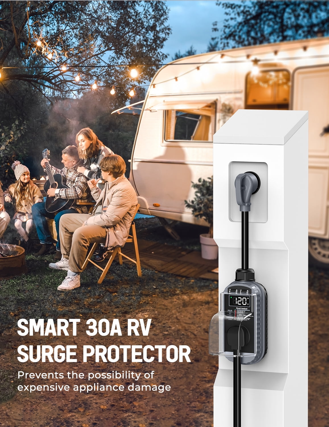 RV Surge Protector 30 Amp, 10,000J Smart 30 Amp RV Surge Protector with Auto Shutoff & Reset, RV Circuit Analyzer with LED Display, Voltage & Temperature Protection, IP67 Waterproof - Gray