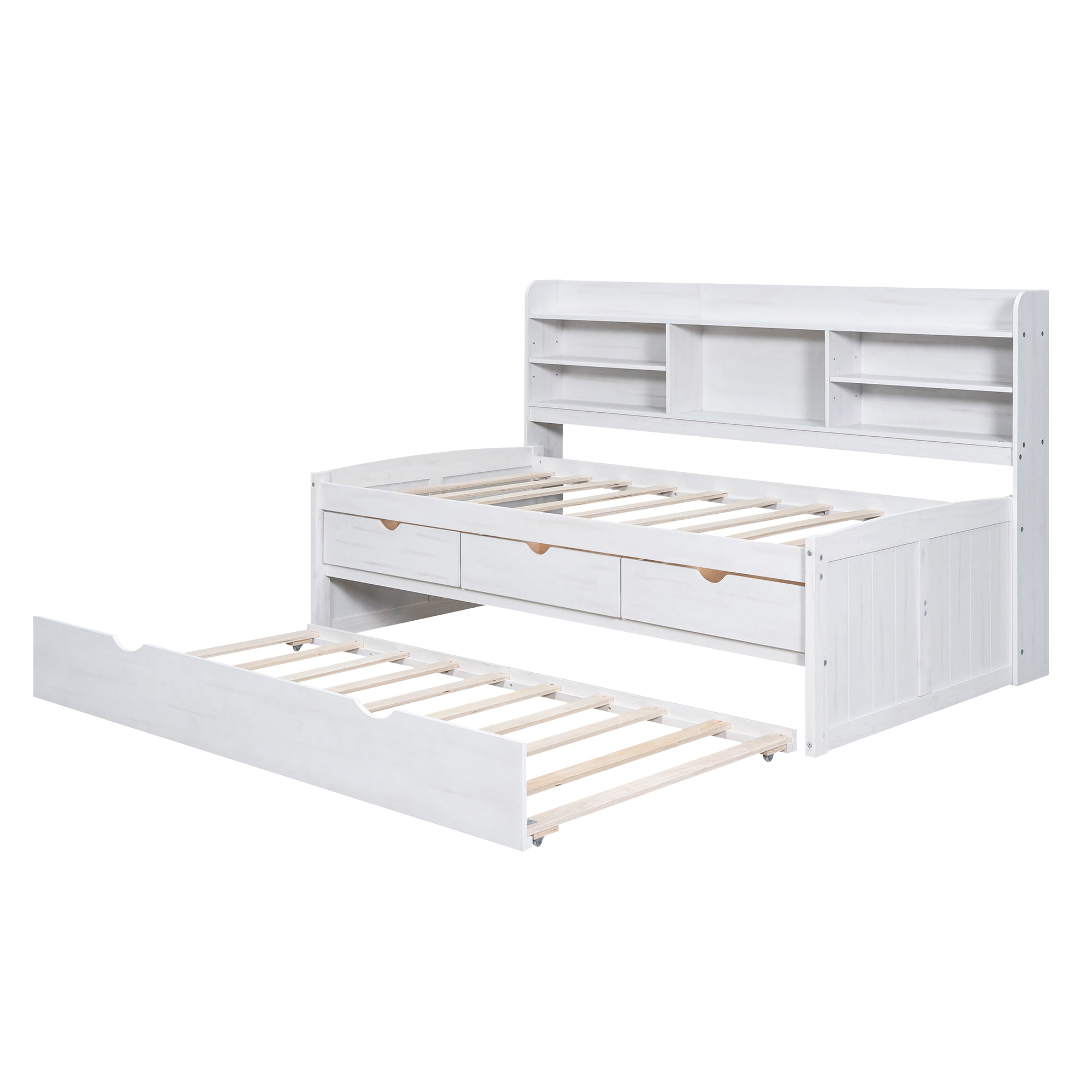EUROCO Twin Size Captain Bed, Daybed with Trundle and Bookcase,Drawers and Shelf Platform Bed, White