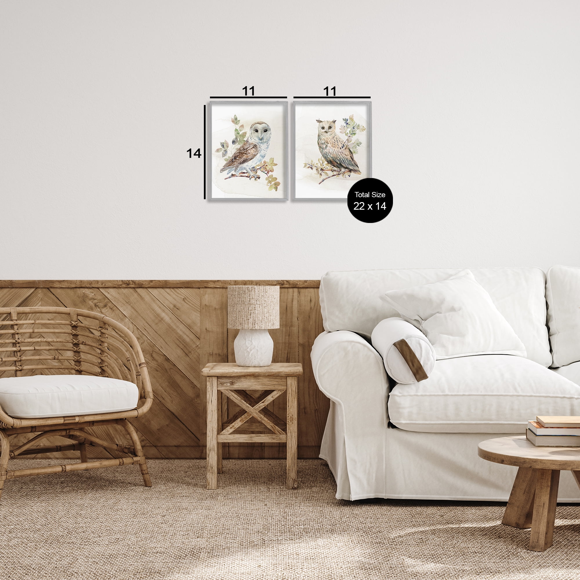 Stupell Industries Owls Perched in Foliage 2 Piece Gray Framed Giclee Art Set, design by CAD Designs