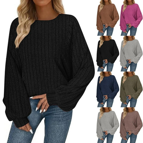 YOIAVAIOY Ribbed Knit Sweatshirt for Women Long Sleeve Solid Sweatshirts Fall Casual Fashion Tops Coffee M