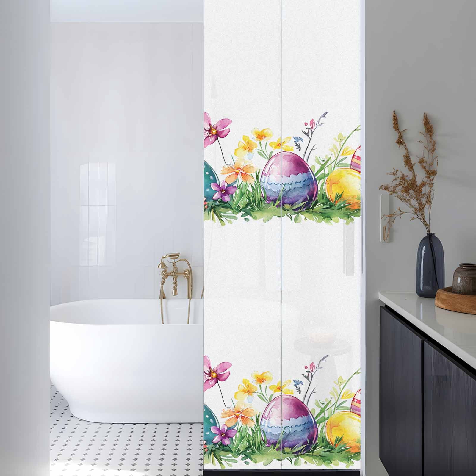 Easter Eggs Window Privacy Film, Green Yellow Purple Egg Spring Purple Yellow Floral Leaf Frosted Glass Window Clings Static Cling UV Heat Blocking Reusable Door Sticker for Bedroom 23.6x78.7 Inch