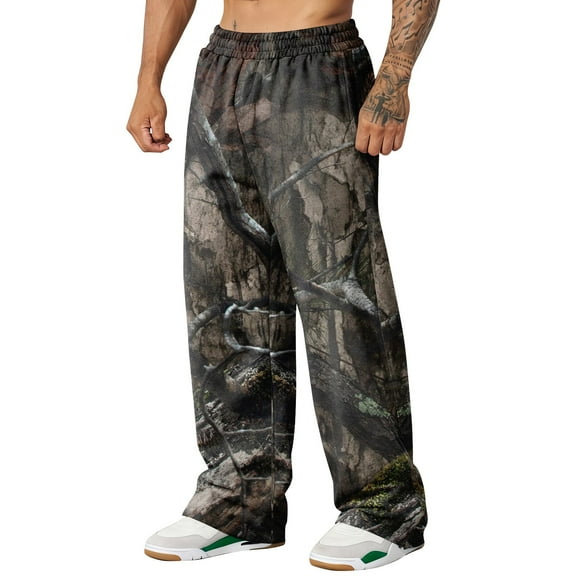 Cthrlog Mens Baggy Pants Casual Camo Graphic Leaf Print Streetwear Sweatpants Workout Athletic Joggers Elastic Waist Wide Leg Pants Oversized with Pockets Camouflage 013