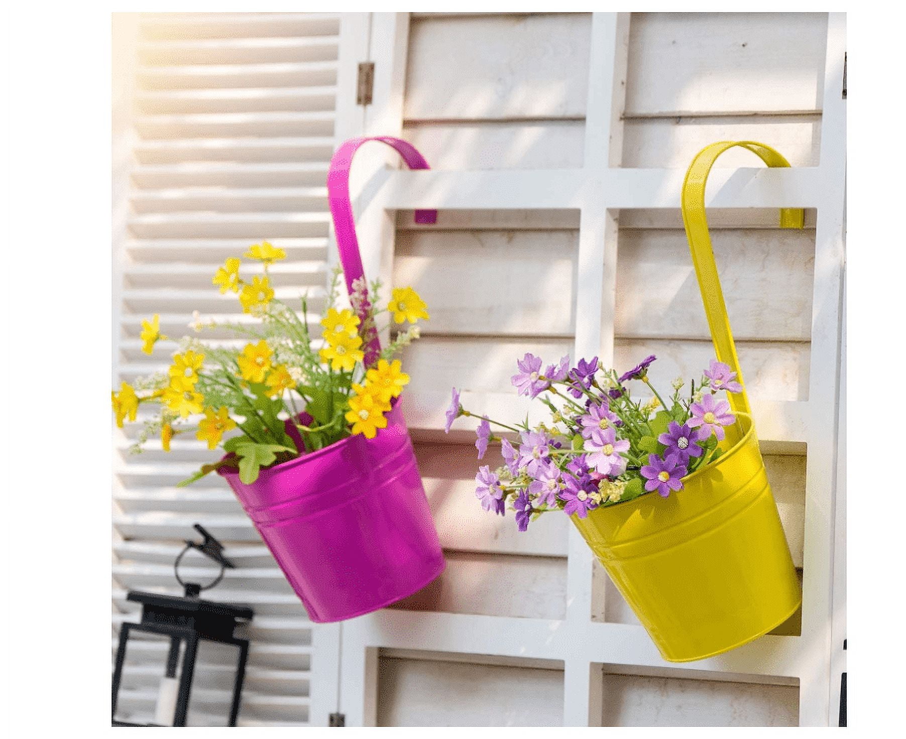 10 Pcs Iron Hanging Flower Pots, Topboutique 3.9" Multicolor Balcony Garden Railing Planter Pots, Durable Fence Patio Planter with Detachable Hook and Drainage Hole for Indoor Outdoor,Random Color