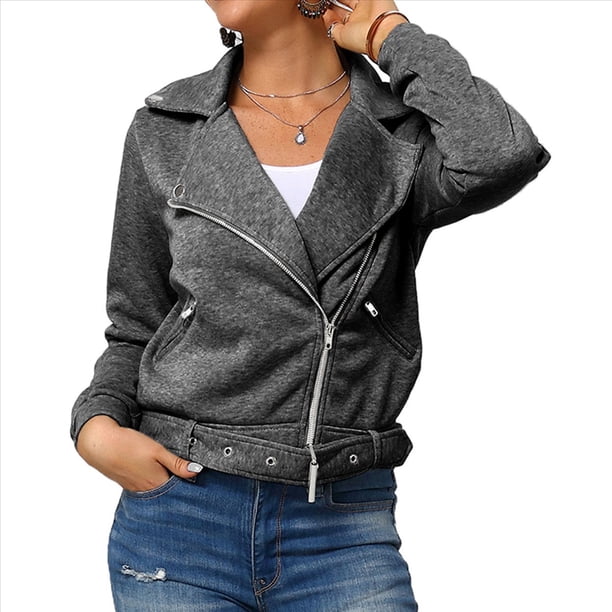 Chaqueta Gruesa, Holgada e Irregular con Solapa y Cremallera Inclinada para Mujer, de Larga, Informal, con Cremallera Gris Oscuro XL
