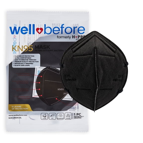 WellBefore KN95 Disposable Face Masks, 5-Layer, Black, Medium, Breathable, Adjustable Ear Loops, Individually Wrapped, Pack of 10