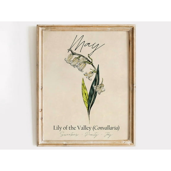 PosterArt May Birth Flower Lily of the Valley Art Print Cross Stitched Style Wall Décor for Floral Homes, 8x12 UNFRAMED