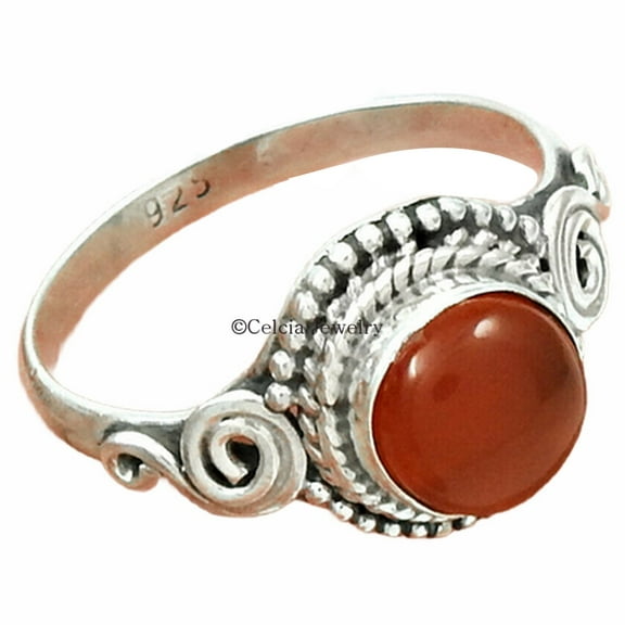 Natural Red Onyx Gemstone Ring, Pure 925 Sterling Silver, Red Stone Round Ring, Cabochons Cut Ring, Proposal Ring, Solitaire Ring, Statement Ring, Engagement Ring For Women (Red Onyx, 7)