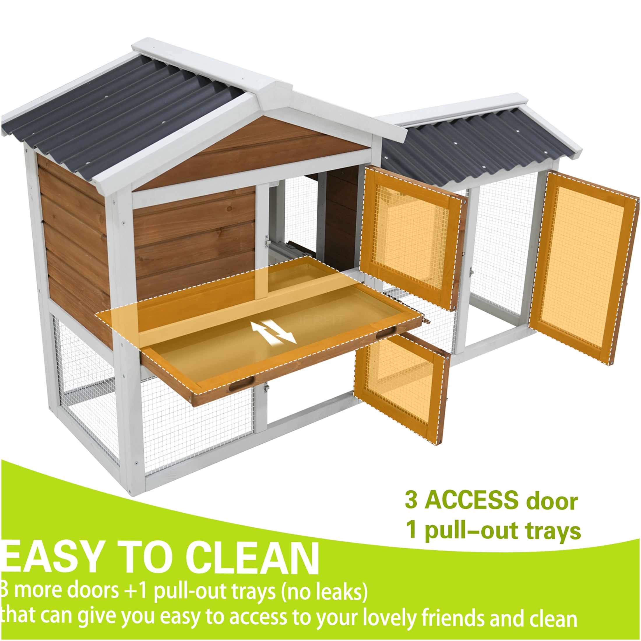 JERFIT 58 Inch Large Wooden Rabbit Hutch with Waterproof Roof, Outdoor Bunny Cage with Ramp & Pull-Out Tray for Rabbits, Guinea Pigs, Small Pets