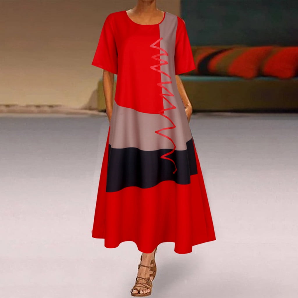 Roliyen Maxi Dresses For Women Plus Size Daily Short Sleeve Vintage ...