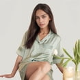 thumbnail image 3 of Women's Satin Pajama Set with Lace Trim Short Sleeve Button Top and Elastic Waist Shorts - Medium, Green, 3 of 7