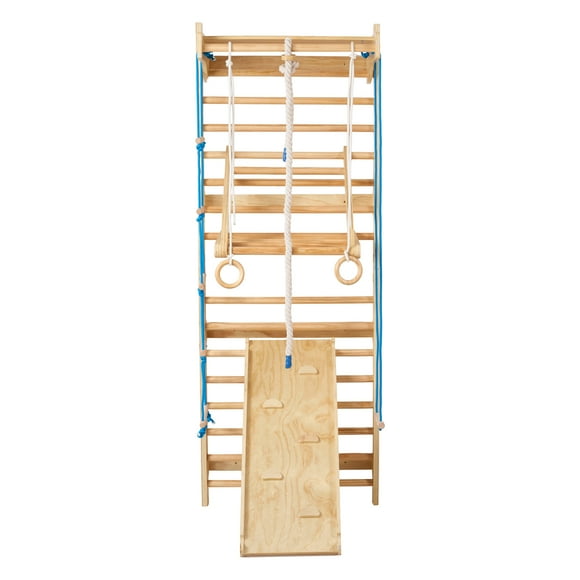 KFFKFF Swedish Ladder Wall Gym, 8-in-1 15 Levels Solid Wood Wall Stall Bars, 220LBS Indoor Jungle Gym Climbing Playset