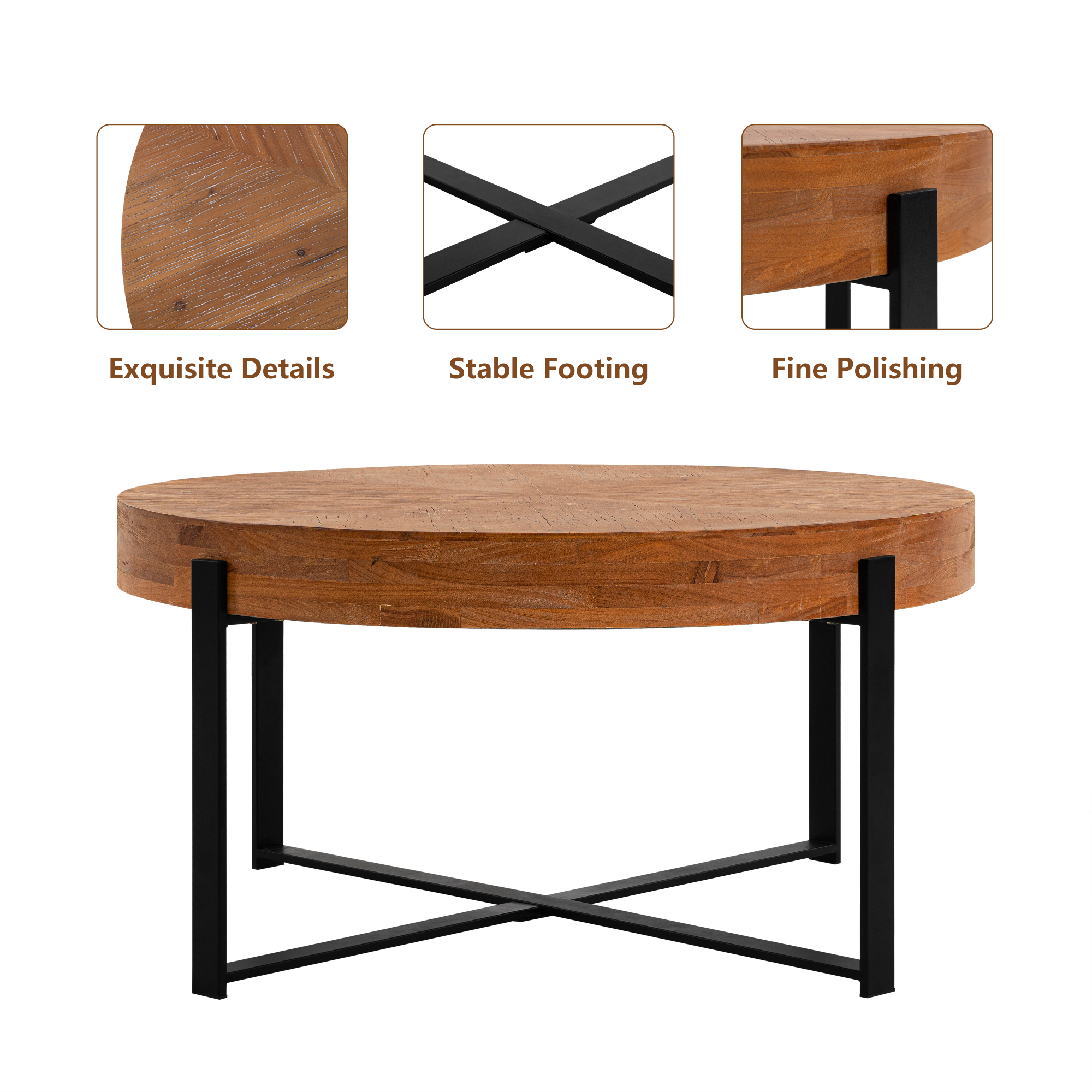 33.86" Modern Retro Splicing Round Coffee Table, Fir Wood Table Top with Black Cross Legs Base