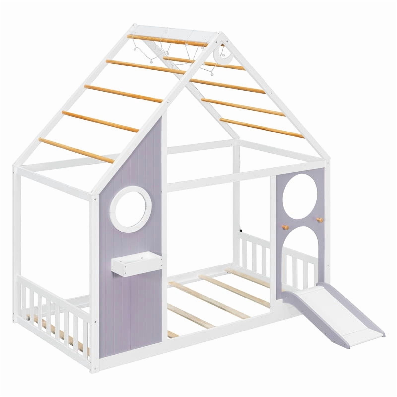 Twin Size Kids House Bed with Small Slide, Wooden Playhouse Floor Design Platform Bed Frame with Light Strip & Storage Shelf
