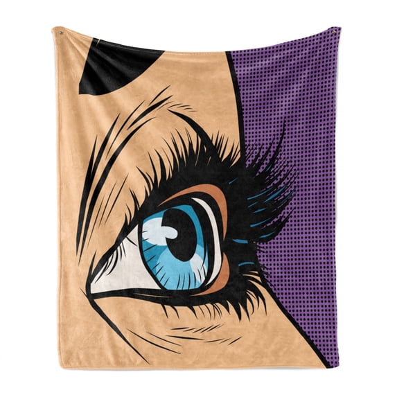 Eyeball Soft Flannel Fleece Throw Blanket, Pop Art Retro Cartoon Woman with Detailed Eye on Dotted Background, Cozy Plush for Indoor and Outdoor Use, 50" x 60", Lavender Beige and Black, by Ambesonne