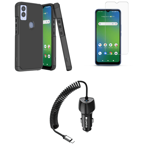 MK Dual Layer Slim Case for Cricket Magic 5G Bundled with Tempered Glass Screen Protector, 40W USB-C High Power Car Charger (Extra Type-C Port) - 5 Foot (Charcoal Black)