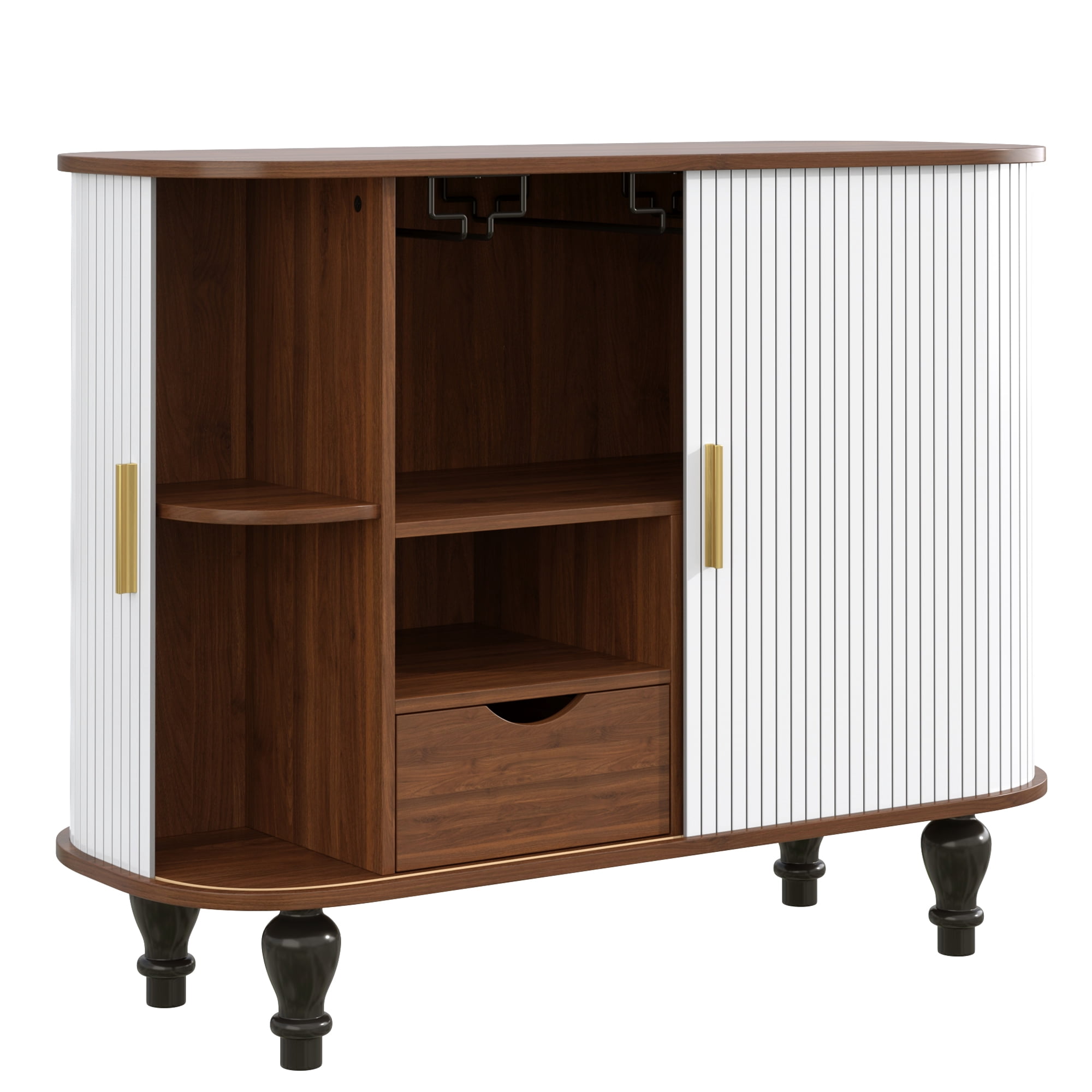 Aukfa 39" Mid-Century Modern Fluted Bar Cabinet with Large Drawer, Black Liquor & Coffee Bar Station with 6 Wine Rack,White