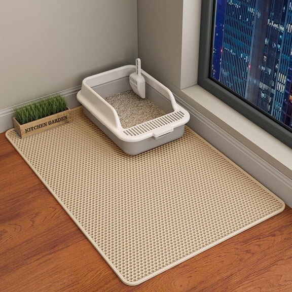 Cat Litter Mat, 45x26/35x24/30x22/24x18 Inch Double Layer Cat Litter Box Mat, EVA Non-Slip, Waterproof Urine Proof Cat Litter Catcher Mat, Easy Clean Scatter Control (35x24 Inch, Khaki)
