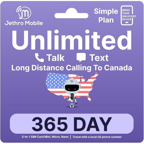 Jethro US Travel Sim Kit Plan 365 Days Unlimited Talk & Text