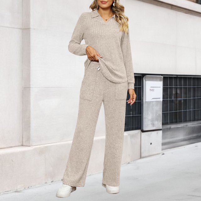 Top de manga larga con cuello en V pantalones de pierna ancha traje diario con cordón para mujer de color sólido