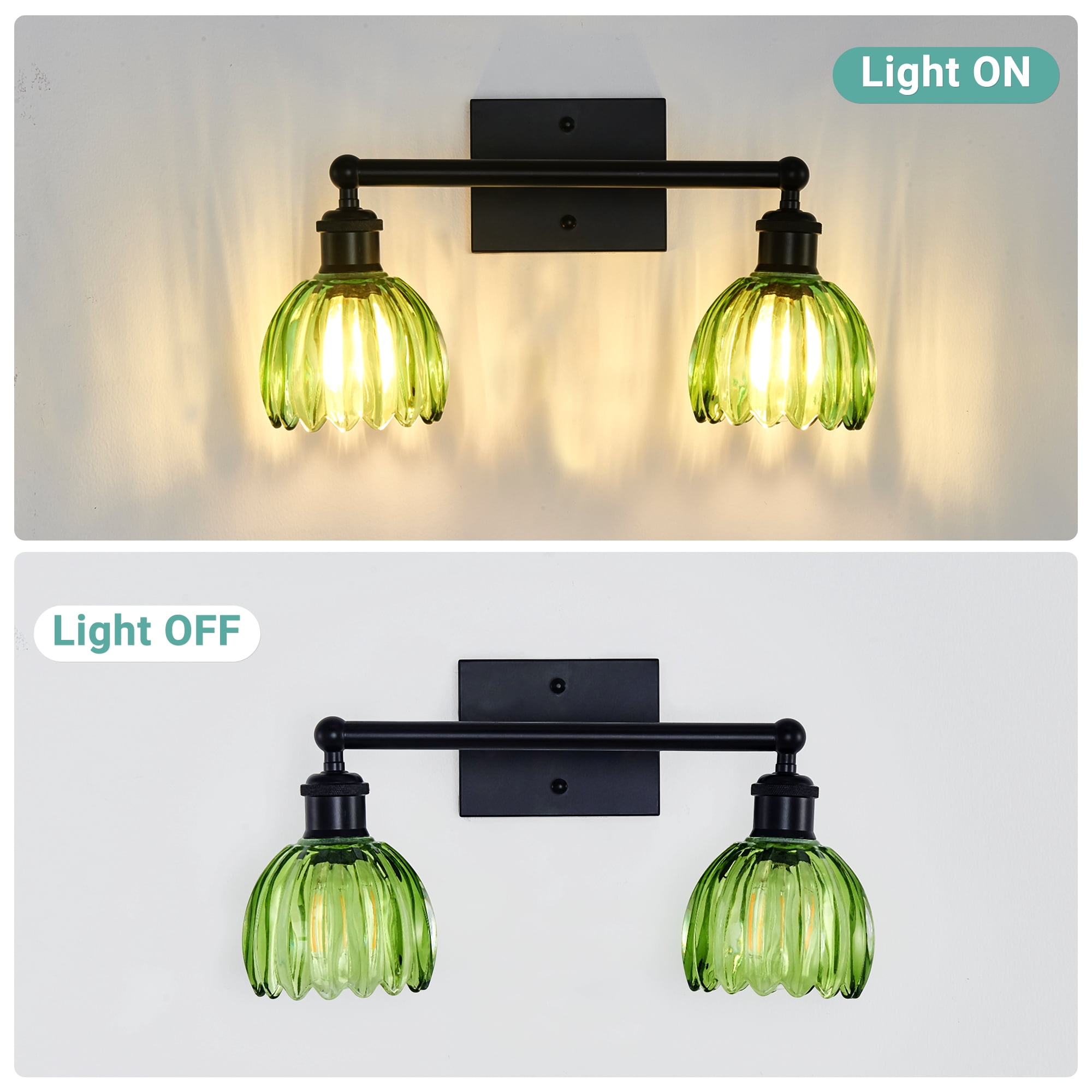 HKMGT 2-Light Black Vanity Light with Green Ribbed Glass,, Reversible Mounting, E26 Base Wall Sconce for Bathroom & Hallway