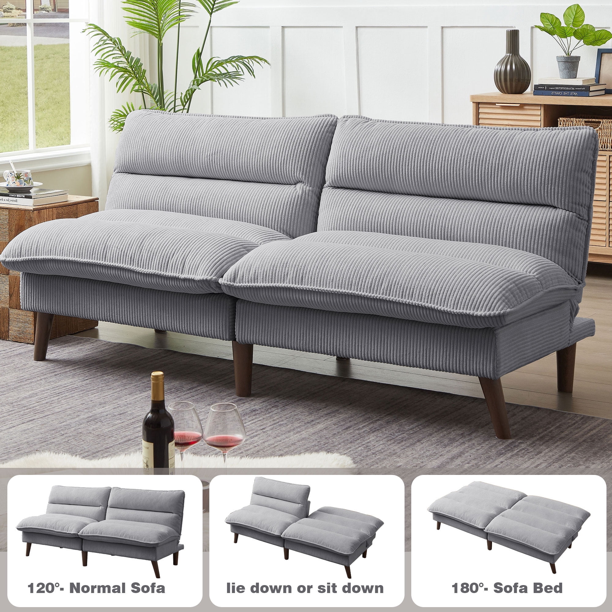 Jarenie Chireca 72" Futon Sofa Bed, Convertible Futon Couch with Adjustable Backrest, Modern Corduroy Futon Sleeper Sofa for Small Spaces, Living Room, Office, Lighetgrey