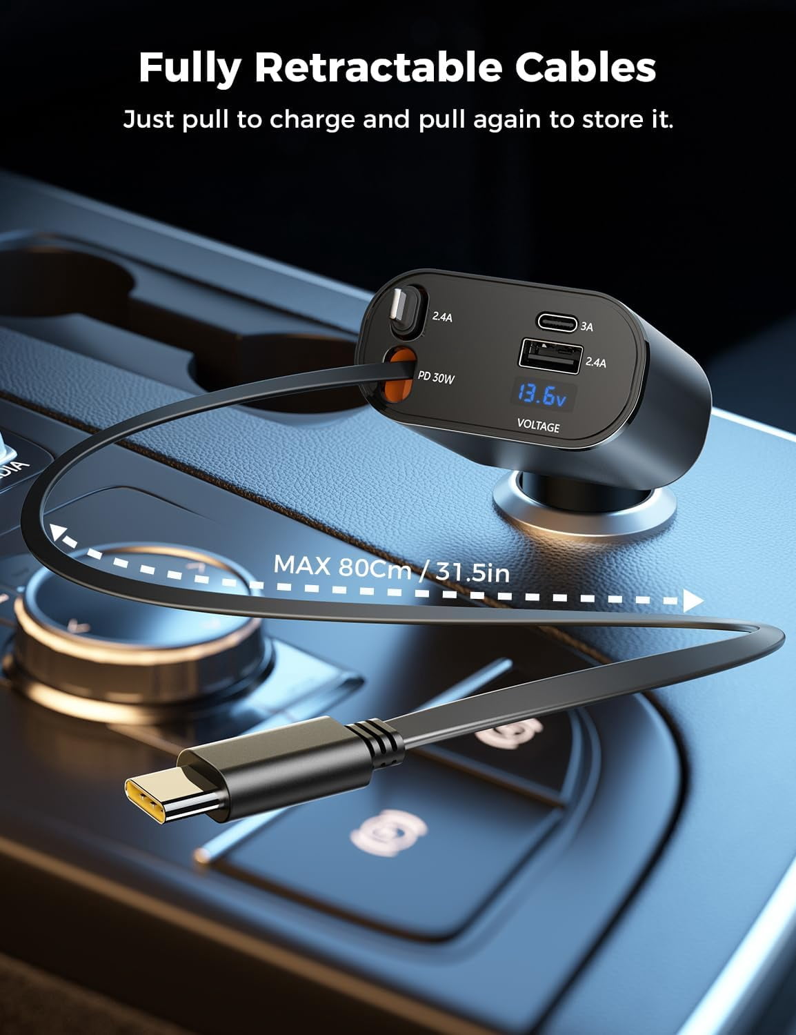 CJBZLCPCOO SUPERONE Retractable Car Charger 4 in 1, Fast Car Phone Charger with Cord 2.6ft, USB C and Apple Car Charger Adapter, Compatible with iPhone 15/15 Pro Max/14/13/12/11, Galaxy, Pixel