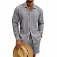 thumbnail image 4 of HBGVBA Men 2 Piece Outfit Long Sleeve Button Collared Shirt and Waist Elastic Shorts Set, 4 of 5