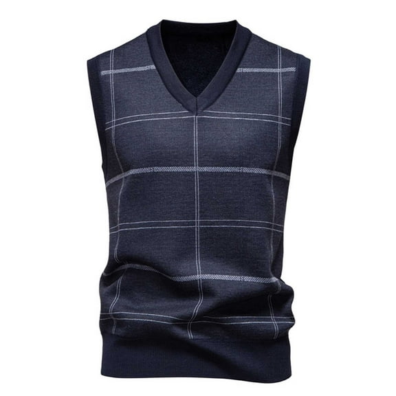 SERTG Men's British Checkered Knit Vest Fall Winter Jacquard V Neck Sleeveless Stretch Fashion Waistcoat Sweaters(Black,2XL)