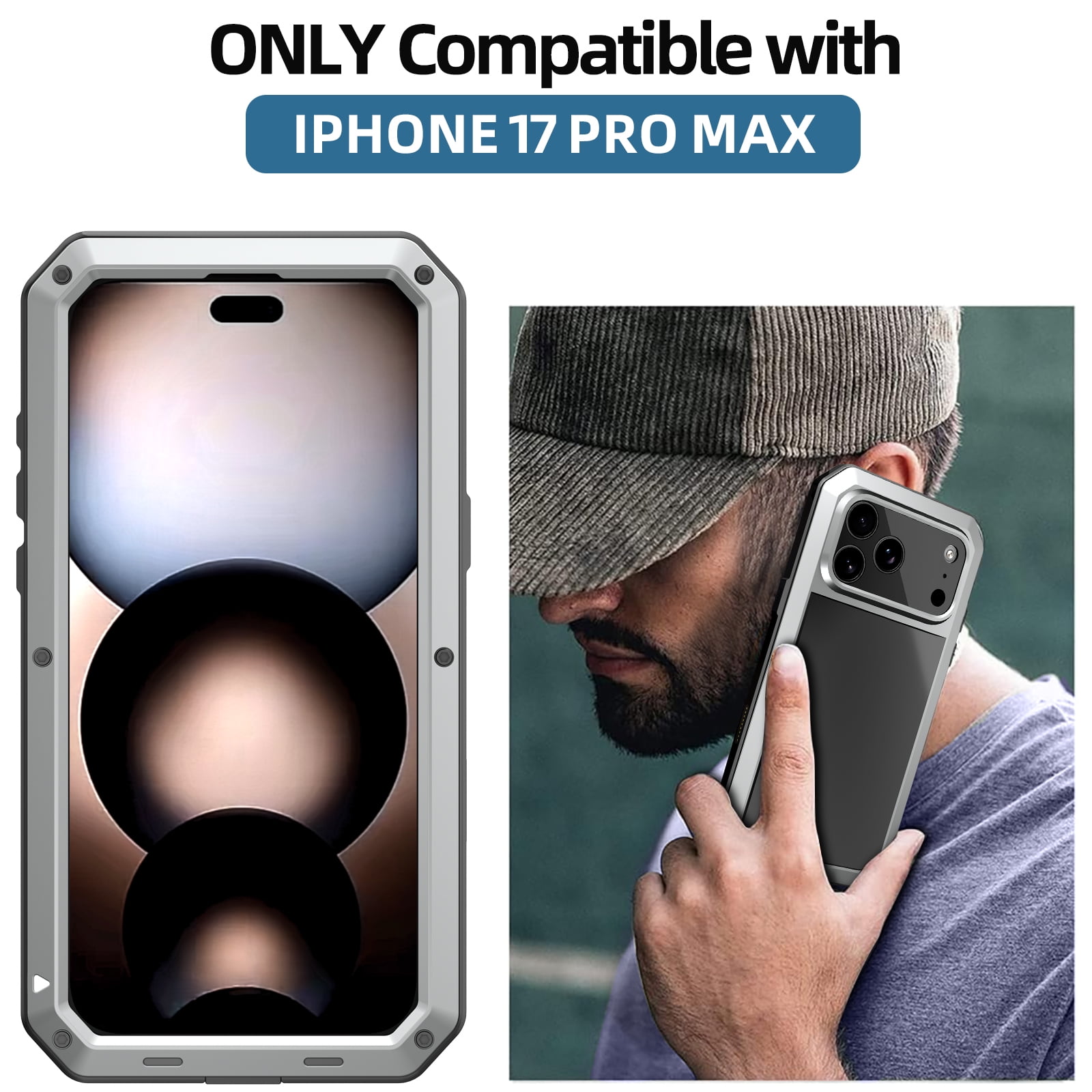 Dteck for iPhone 17 Pro Max (2025) Case, Heavy Duty Metal Full Body Protective Cover Shockproof Aluminum Alloy Cover with Silicone Built-in Screen Protector, Silver