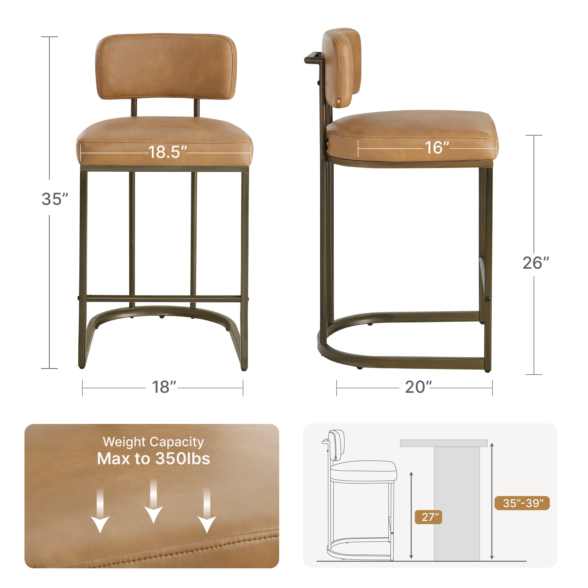 Spruce & Spring Modern 26-Inch Counter Bar Stool Set with Brass Frame Set of 2, Brown with Brass Frame