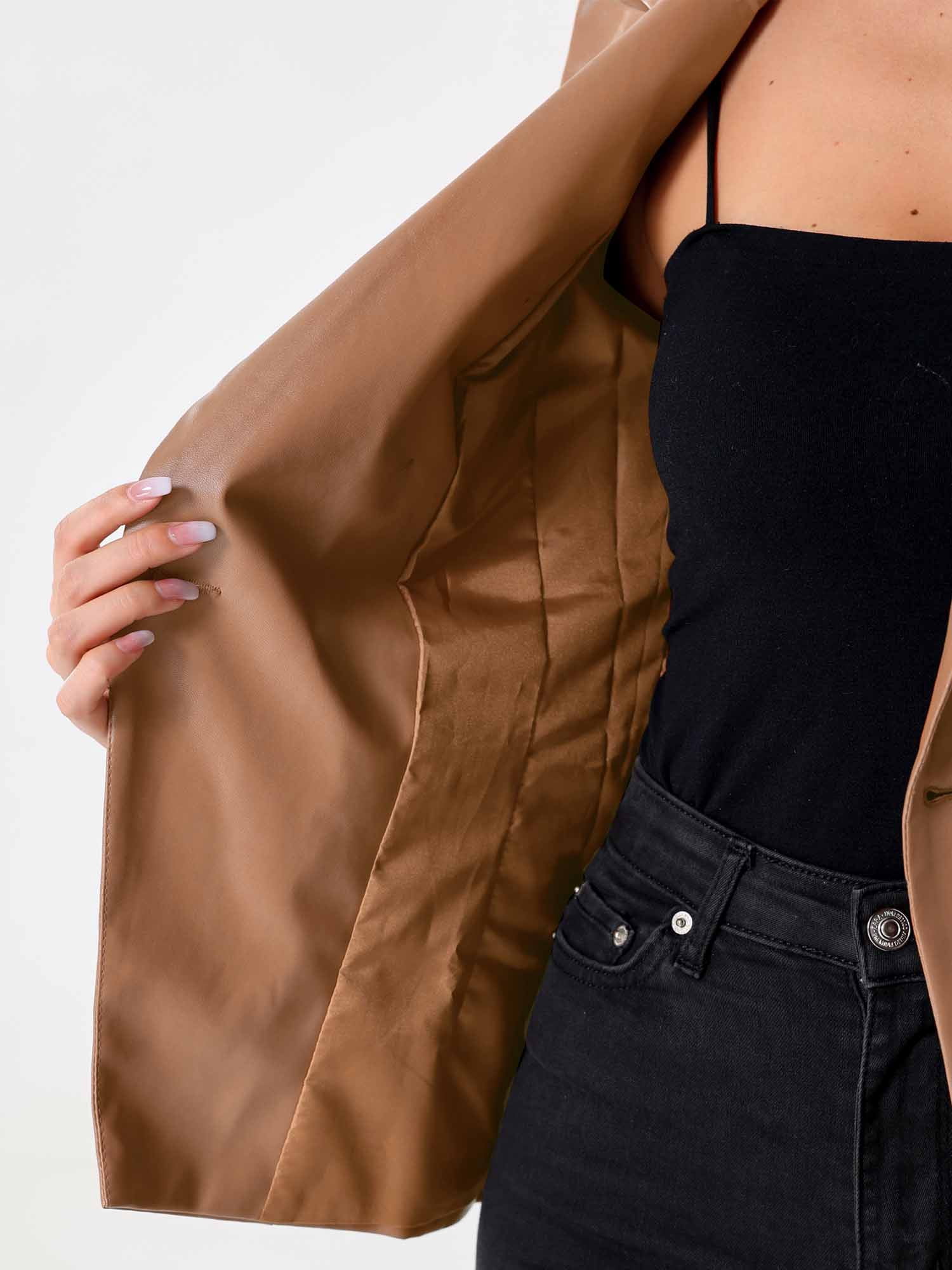 INSPIRE CHIC Women's Notched Lapel Faux Leather Blazer Double Breasted PU Work Formal Jackets