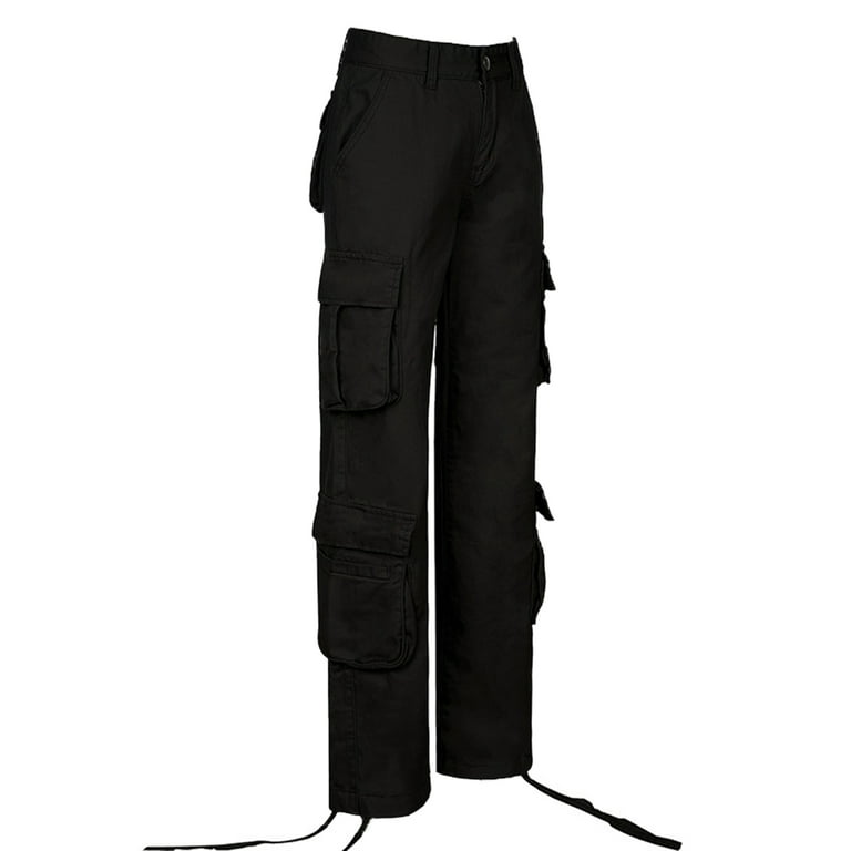 Frobukio Women Cargo Pants High Waist Straight Leg Baggy Pants E-Girls  Boyfriend Trousers Streetwear Black M