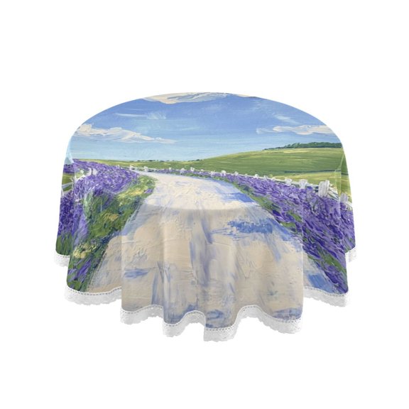 Round Single Sided Printed Tablecloth, 60 Inch Polyester Round Table Cover with White Lace Trim, Wrinkle Resistant Decorative Table Cloth for Home Purple Beautiful Road
