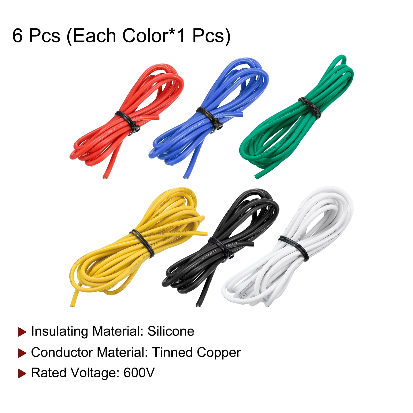 Uxcell 6Pcs 14 Gauge Silicone Wire 14AWG Electrical Wire Stranded Wire Flexible Tinned Copper Wire High Temp Hookup Wire 6 Color 10ft