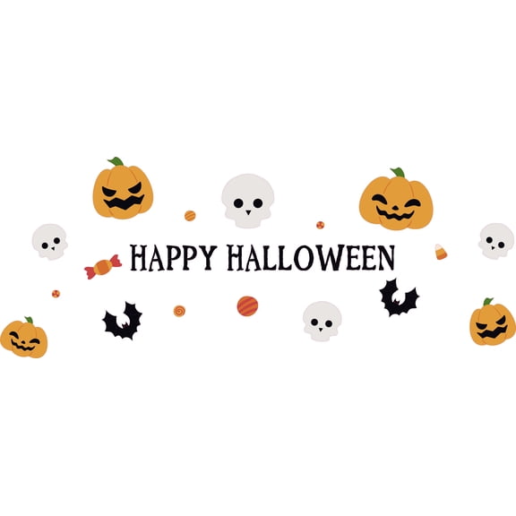 Removable Home Living Room Halloween Décor Art Spooky Skulls Jack O Lanterns Flying Bats Design Vinyl Wall Decal Sticker - 8" x 20" Kids Bedroom Multicolored Art Trick Or Treat Wall Decoration