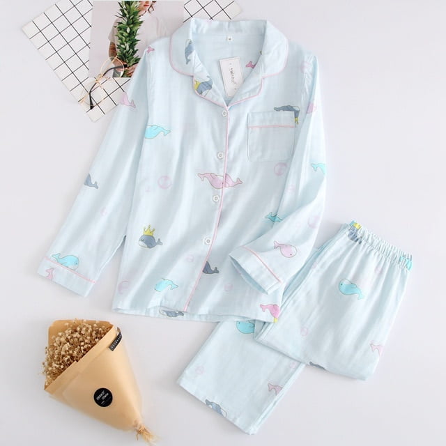 Voianlimo Women s Cotton Pajamas Set Long Sleeve Sleepwear From Button Cartoon Printed Nightwear Soft Hownwear 2 Piece Sets Other