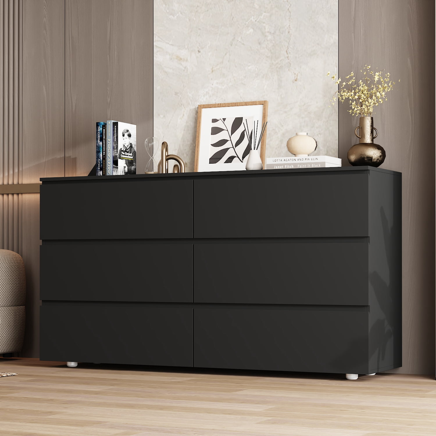 MONSLIPA 6 Drawer Dresser for Bedroom, Storage Organizer Chest of Drawers for Living Room Hallway Entryway, Black