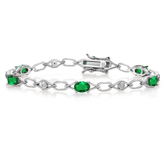 Gem Stone King 925 Sterling Silver Green Nano Emerald and Round White Lab Grown Diamond Tennis Bracelet for Women (2.44 Cttw, Gemstone Birthstone, Oval 6X4MM, 7.25 inches)