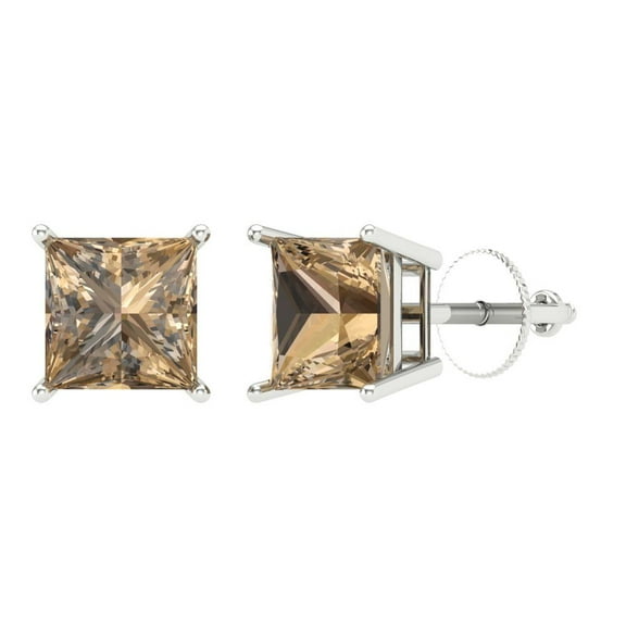 2 ct Screw-Back Stud Earrings for Women | 5.5mm Princess Cut Simulated Champagne Diamond | 18K White Gold