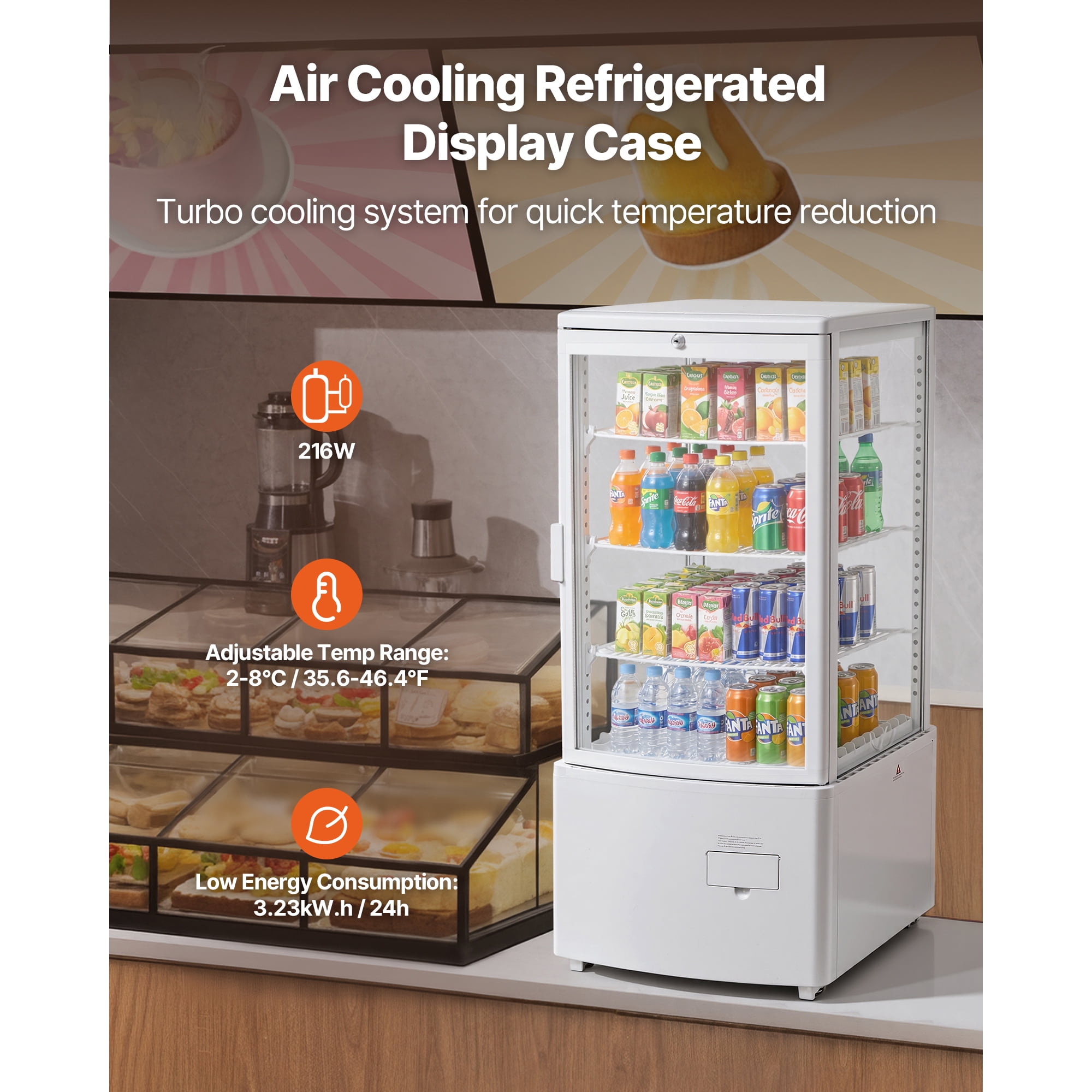 KFFKFF Refrigerated Countertop Display Case, 3 Cu.Ft./85L Capacity, 3-Tier Commercial Pastry Refrigerator with LED Lighting, Efficient Cooling System, Frost-Free Air Circulation, Ideal for Bakeries