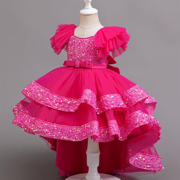 Amzcrzy Girls Princess Dress with High-Low Train, 1-10T Square Neckline Sparkly Sequintea Party Dresses for Woman Wedding 3  tiers of Ruffle Dress