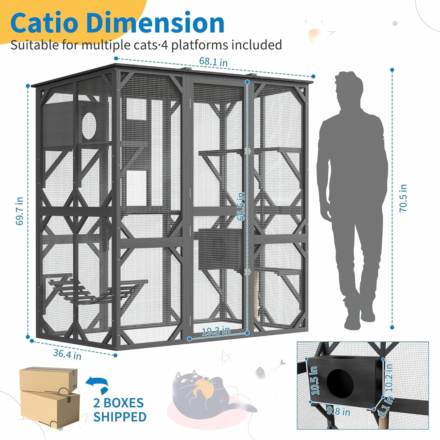 LIZHOUMIL 70" Catio Enclosure, Wooden Outdoor Cat House w/Asphalt Roof, Multi-Level